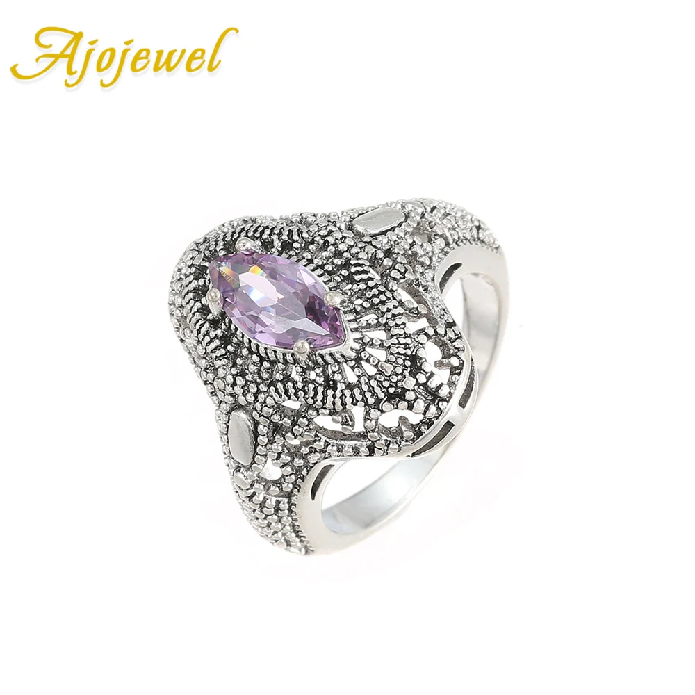 Ajojewel Women\'s Vintage Purple Ring Antique Silver-color Horse Eye Zircon Jewelry Finger Accessories