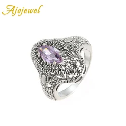 Ajojewel Women's Vintage Purple Ring Antique Silver-color Horse Eye Zircon Jewelry Finger Accessories