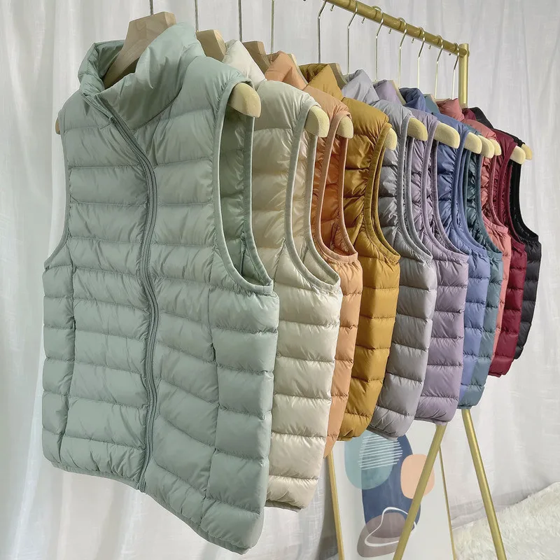 Winter Warm Down Waistcoat Parkas Women Ultra Light White Duck Down Vest Jakcet Ladies Stand Collar Sleeveless Tank Short Tops