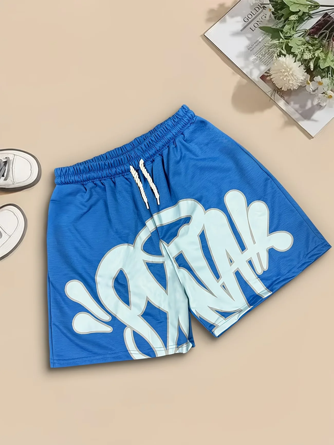 

2026 New Men's Blue Streetwear Shorts Graffiti Letter Print Elastic Waist Casual Summer Beach Board Shorts with Drawstring