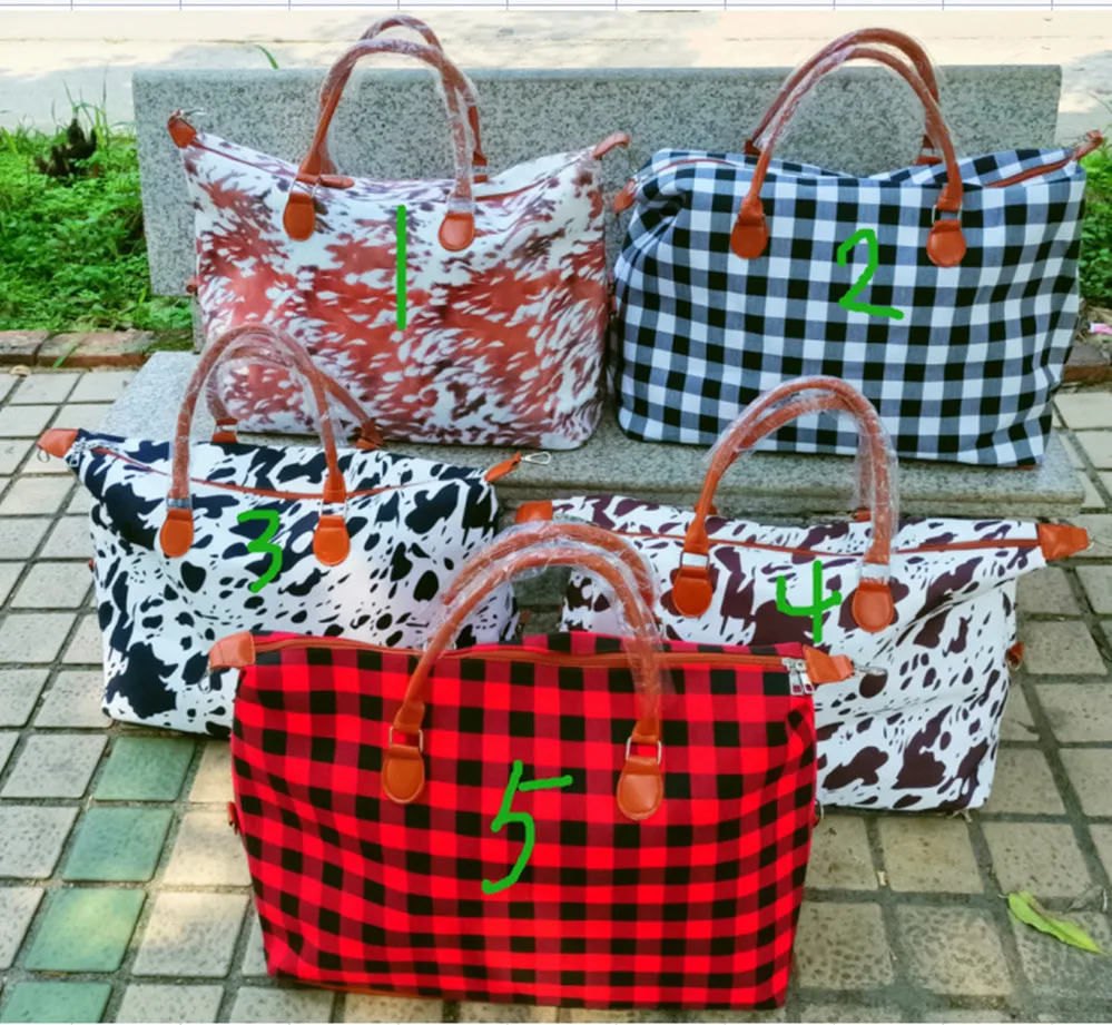 

Travel handbag black brown cow storage bag black red checkered weekend short distance travel garment duffle bag