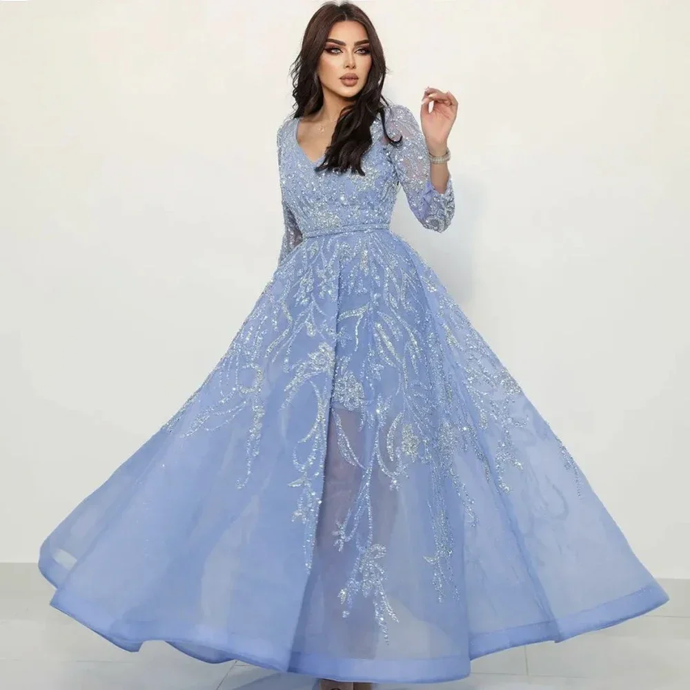 Robe de Soirée Trapèze Bleue et Élégante pour Femme, Tenue Personnalisée avec Perles de Luxe, Manches sulf, pour ixet Oc Spécial, Arabie Saoudite