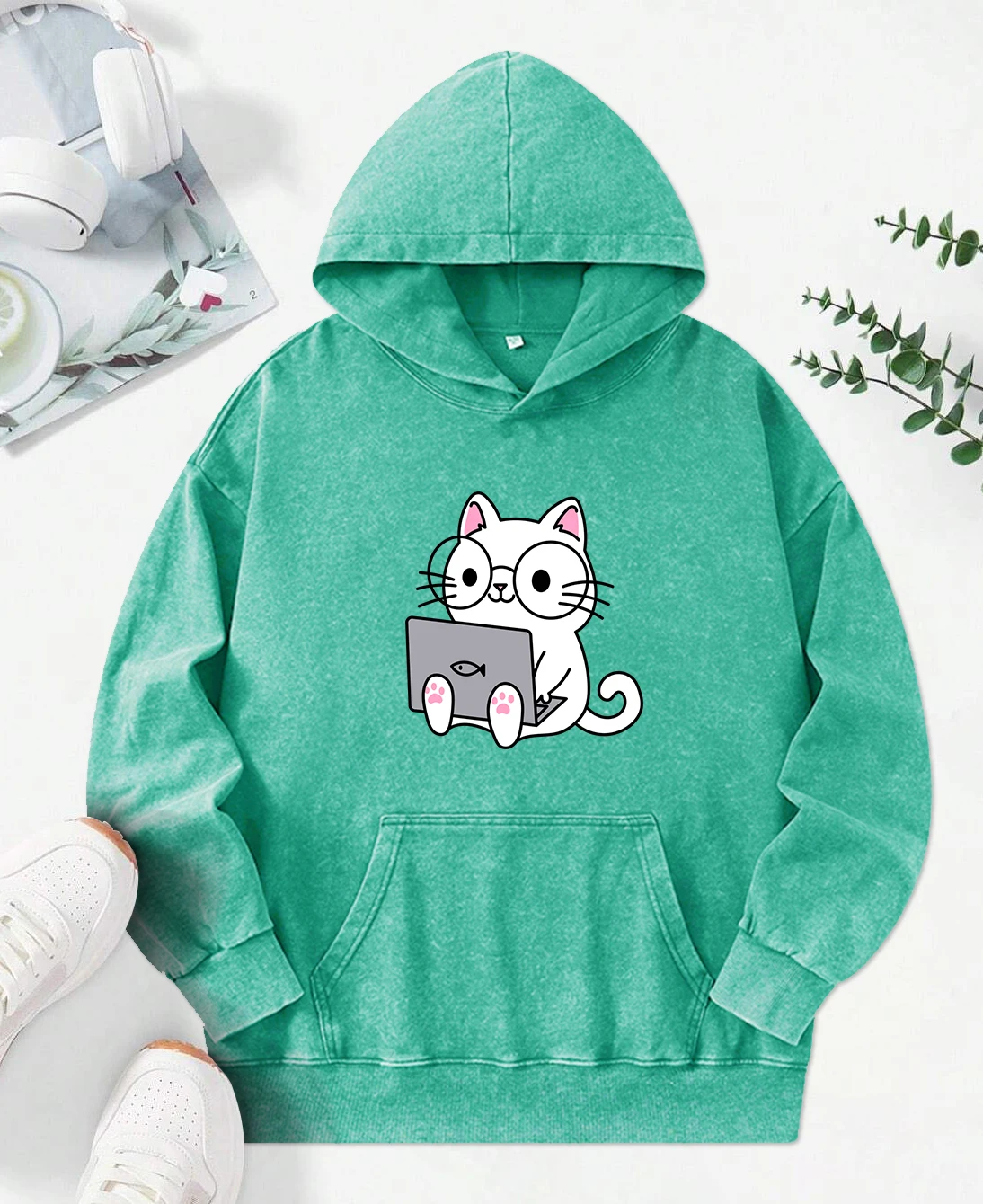 Abstract Cat Work Printed Womens Washed Hoodie Vintage Loose Streetwear Hip Hop Pocket Clothes  Casual Comfortable Y2K Hoody