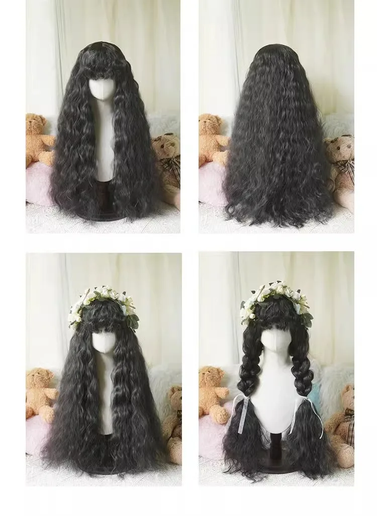 80cm Mori Girl Długa falista brązowa peruka z grzywką Syntetyczna Lolita Cosplay Puszysta naturalna żaroodporna peruka do włosów na codzienną imprezę