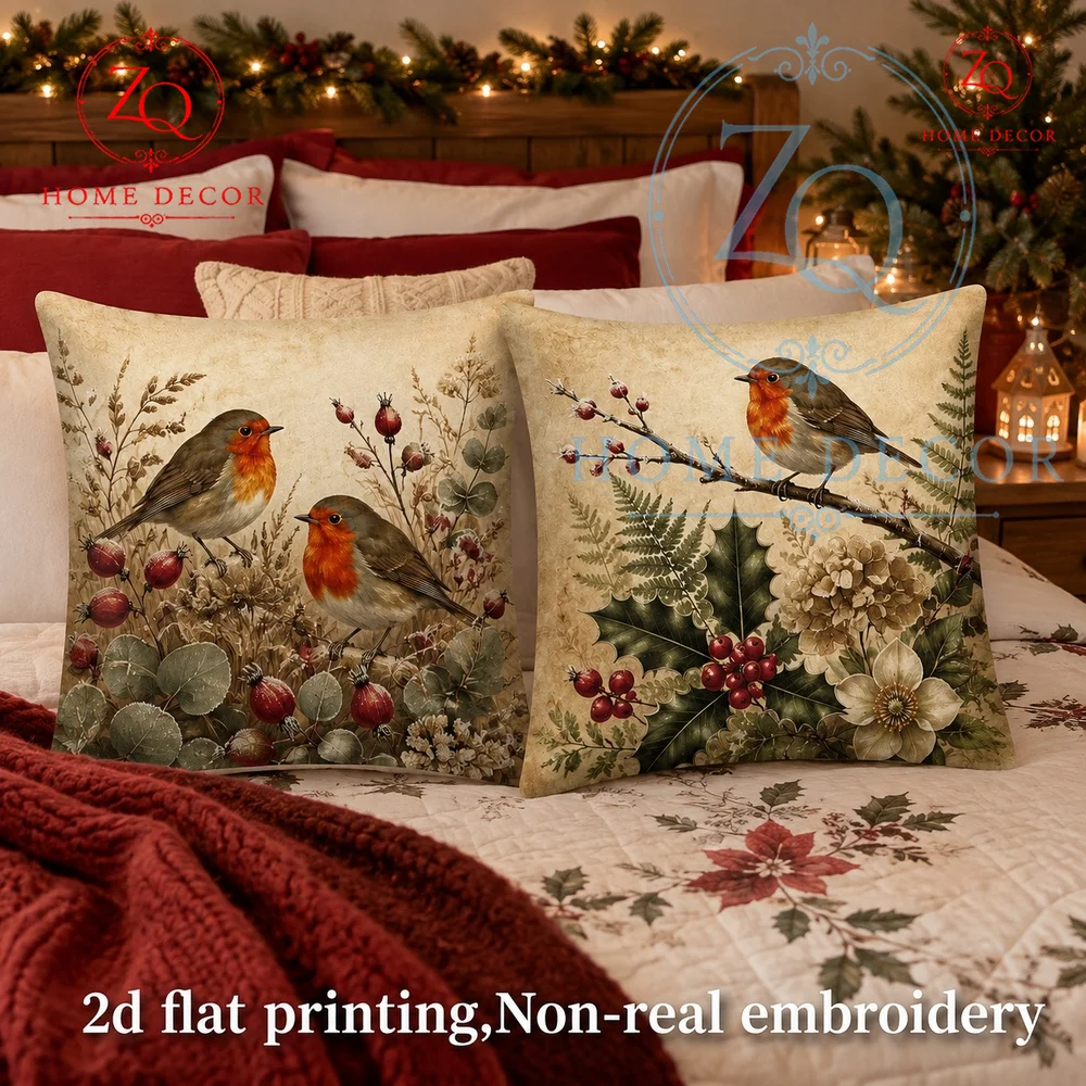 Vintage Christmas Robin Throw Pillow Cover Rustic Holiday Farmhouse Cushion Case for Sofa Couch Bedroom Winter Home Decor