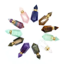 Natural Gems stone Faceted Prism Perfume Bottle Pendants Necklace,Cut Crystal Essential Oil Diffuser Vial Hexagon Points Charms