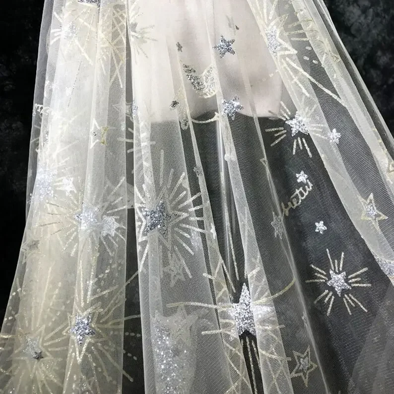 Champagne Gold Glitter star Tulle Star Moon Horse Silver Sequin Lace Fabric for girl dress party decoration costume baby