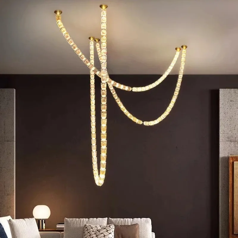 

Dimmable LED Chrome Gold Crystal Bullet High Ceiling Chandelier Lighting Lustre Suspension Luminaire Lampen For Living Room