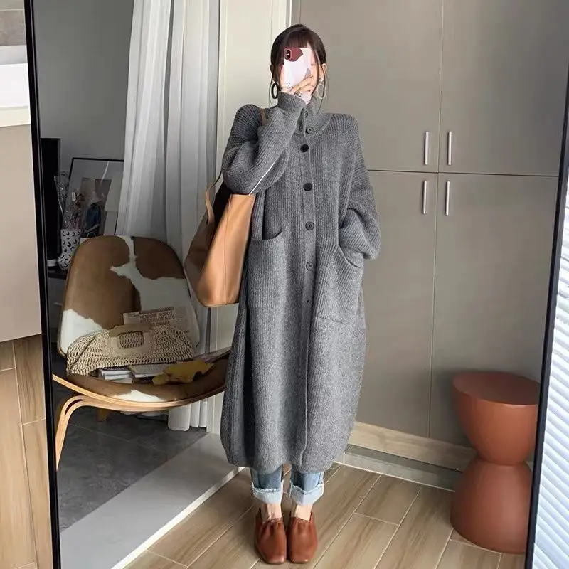 Cardigans Women Vintage Autumn Winter Long Sleeve Baggy Knitted Sweaters Turtleneck Button-up Streetwear Solid Home Warm Soft