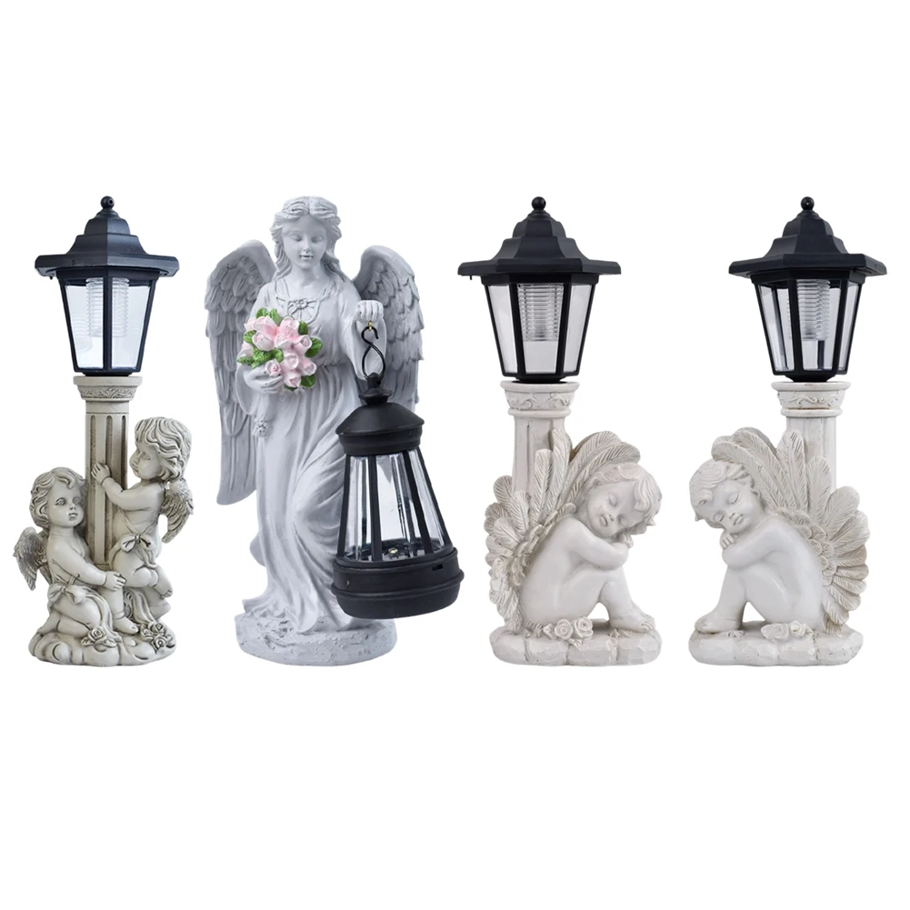 

Antique Roman Column Knee Angel Solar Outdoor Light, Resin Garden Statue For Courtyard Patio Decoration, Grey