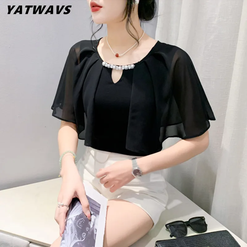 

New 2024 Summer Chic Chiffon Ruffles Short Sleeved T-shirt Clothes Elegant O-Neck Beading Women Tops Female Cotton Slim Tees