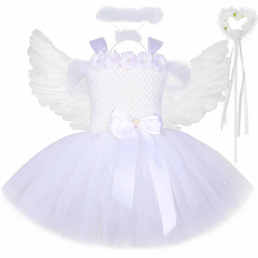 Guardian Angel Costume for Girls White Glitter Flowers Tutu Dress Toddler Kids Halloween Carnival Birthday Party Princess Dress