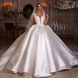 Haute Couture Romantic Sweetheart Spaghetti Strap Ball Gown Pearls Lace Pleat Floor-Length Beading Satin Wedding Dress