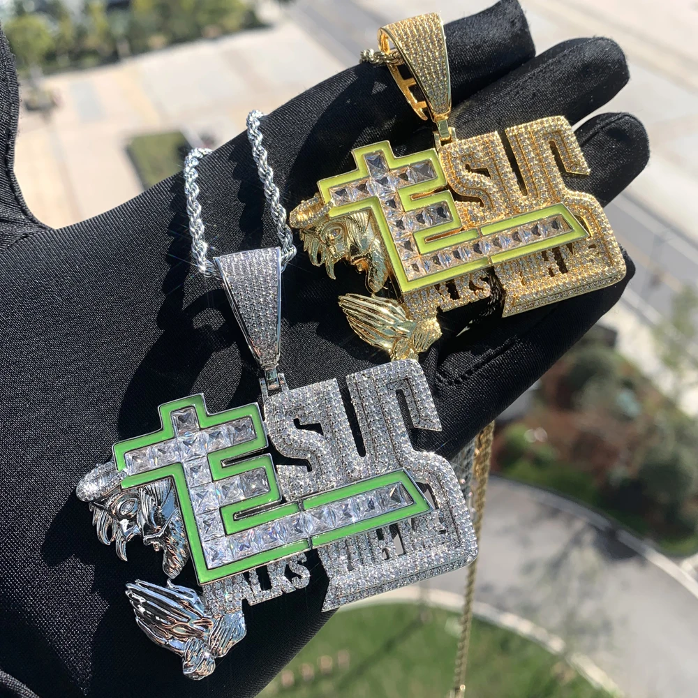 Grow In Dark Green Enamel Jesus Walks With Me Pendant Necklaces Iced Out Bling Cubic Zirconia Oil-Drip Charms Hip Hop Jewelry