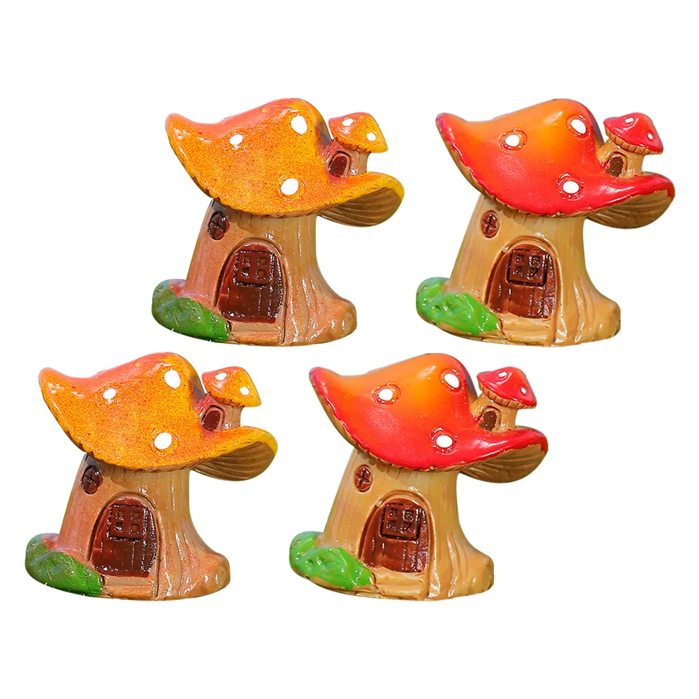 

4 Pcs Mushroom House Decoration Fairy Figurines Cartoon Shaped Desktop Accessories Resin Model Garden Miniature