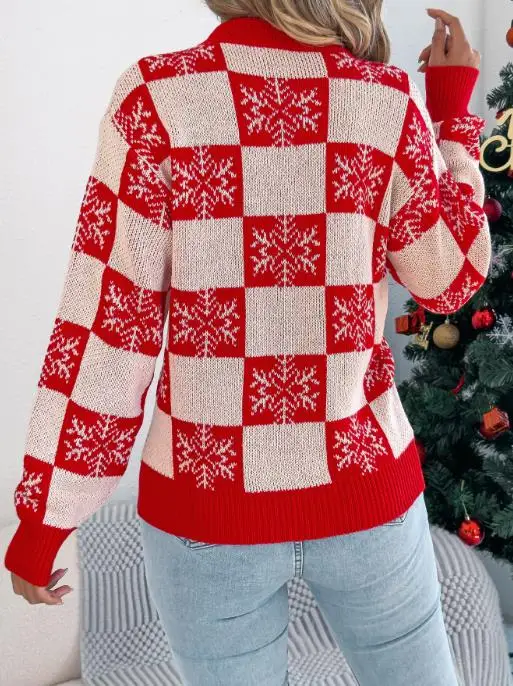 Round Neck Snowflake Checkered Embroidered Pattern Knitted Sweater for Autumn and Winter Women's Casual Knitted Sweater