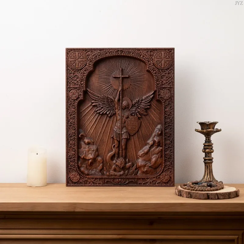 Christian Religious Square Wooden Archangel Michael Icon Guardian Angel Statue, Home Church Wall Decor Gifts