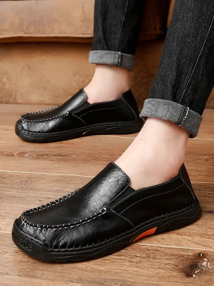 Sapato de couro para slip-on masculino, sola macia, antiderrapante, feito à mão, casual, trabalho, preguiçoso, novo, primavera, outono, tamanho grande, 2024