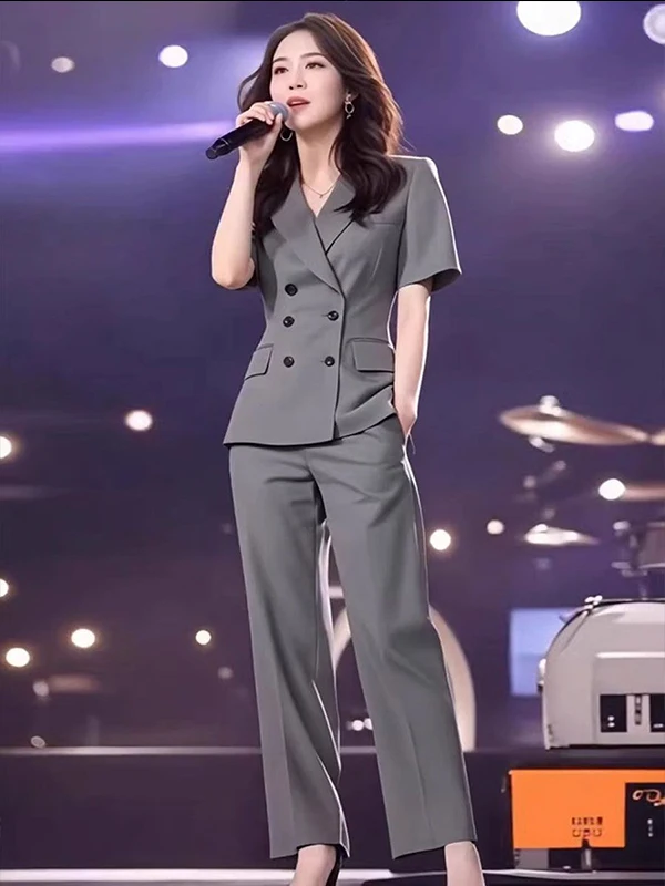 ชุดสูทแฟชั่นสำหรับผู้หญิง ชุดทำงานฤดูร้อนใหม่ เสื้อครอปแขนสั้น กางเกงขายาวทรงตรง ชุดเซ็ตสองชิ้น