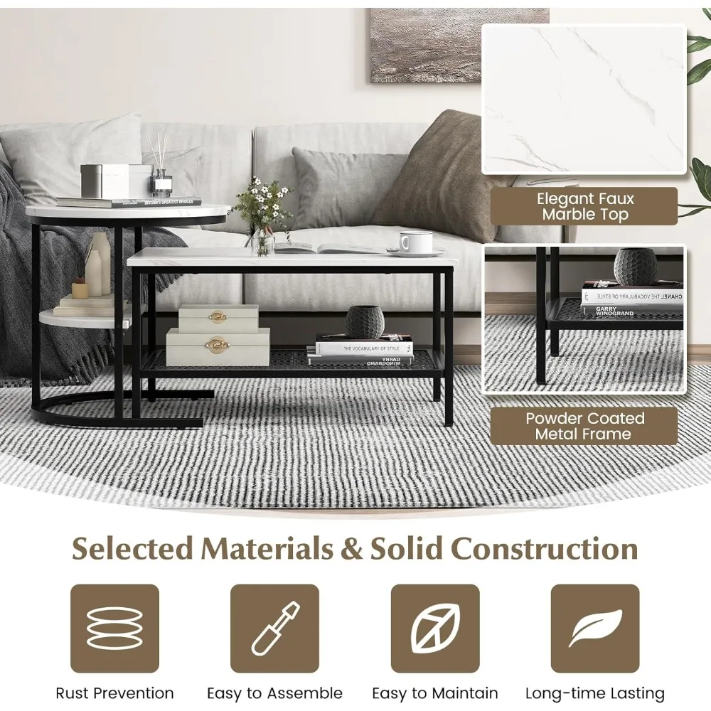 Modern Round Nesting Coffee Table Set with Faux Marble Tops and Storage Shelf, 2-Piece End Table Collection