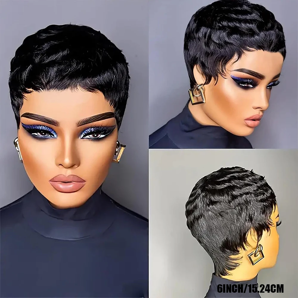6inch Short Pixie Cut Straight Wig 100% Human Hair for Women Machine Made with Pre-Styled Bangs Tangle-Free Natural Hairline image 5