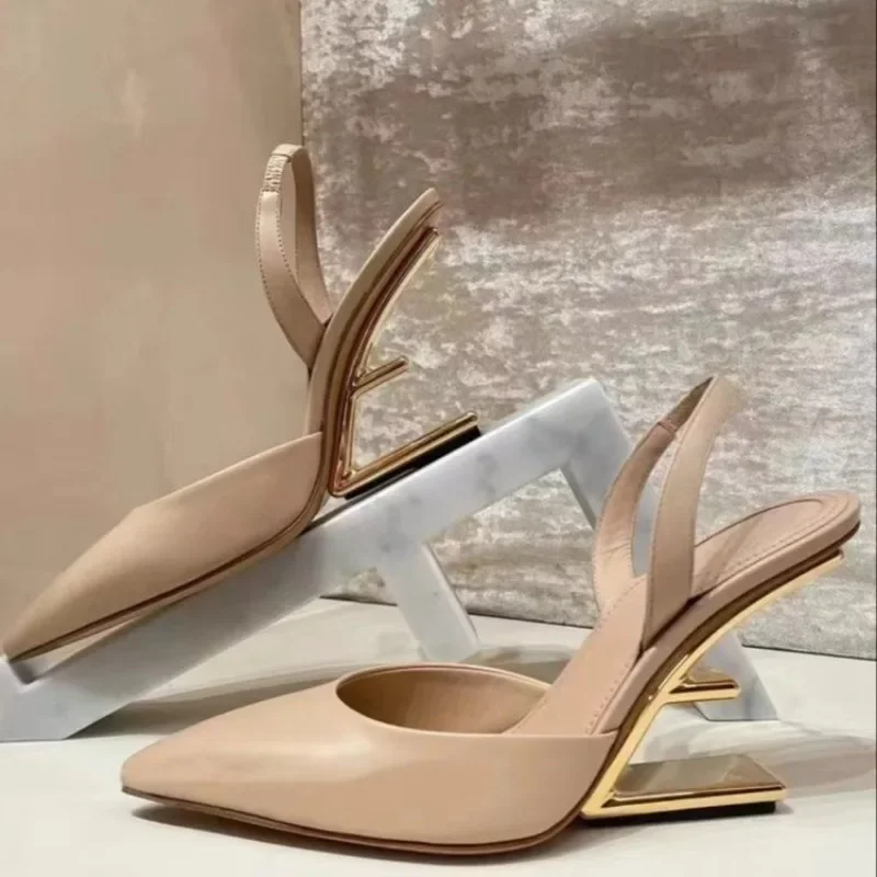 New Weird Style High Heels Women Slingback Metal High Heels Women Shoes Pointed Toe Party Dress Shoes Sandalias De Las Mujeres