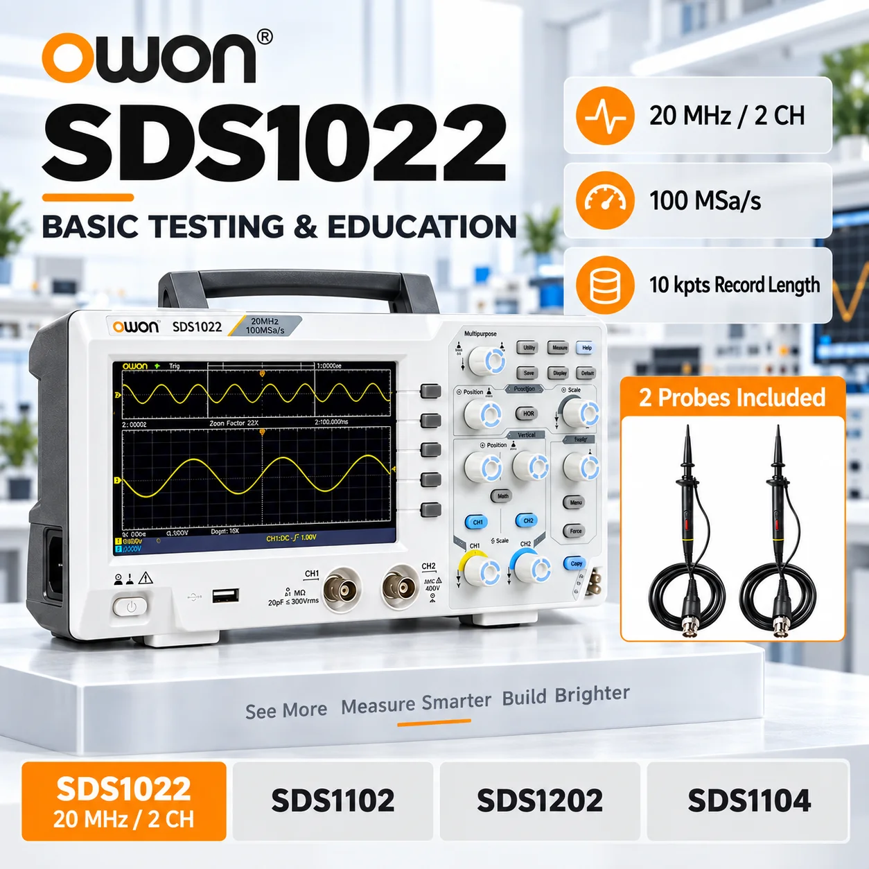 OWON SDS1022 SDS1102 SDS1202 SDS1104 Digitale Oscilloscoop 20-200MHz 2CH/4CH Tot 1GSa/s 7 inch LCD FFT USB Bench Scope voor Reparatie