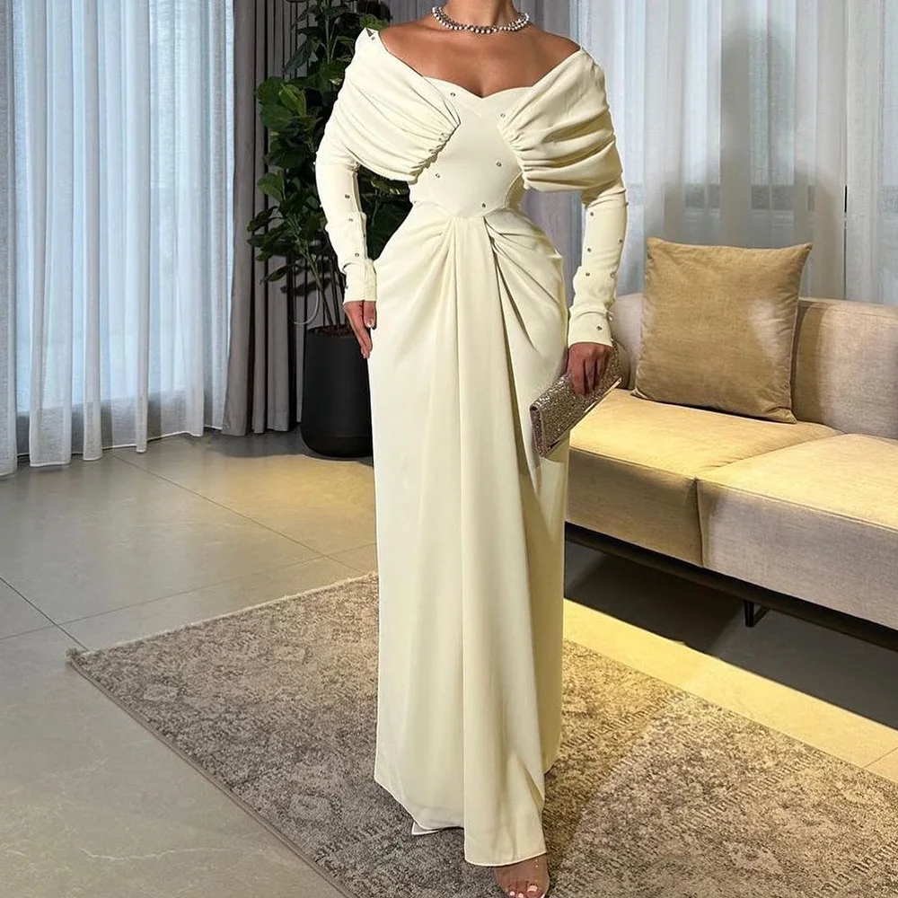 

Crystal Zipper Back Pleats Long Sleeves Jersey Off the Shoulder Sweetheart Floor Length Spaghetti Straps Graceful Evening Dress