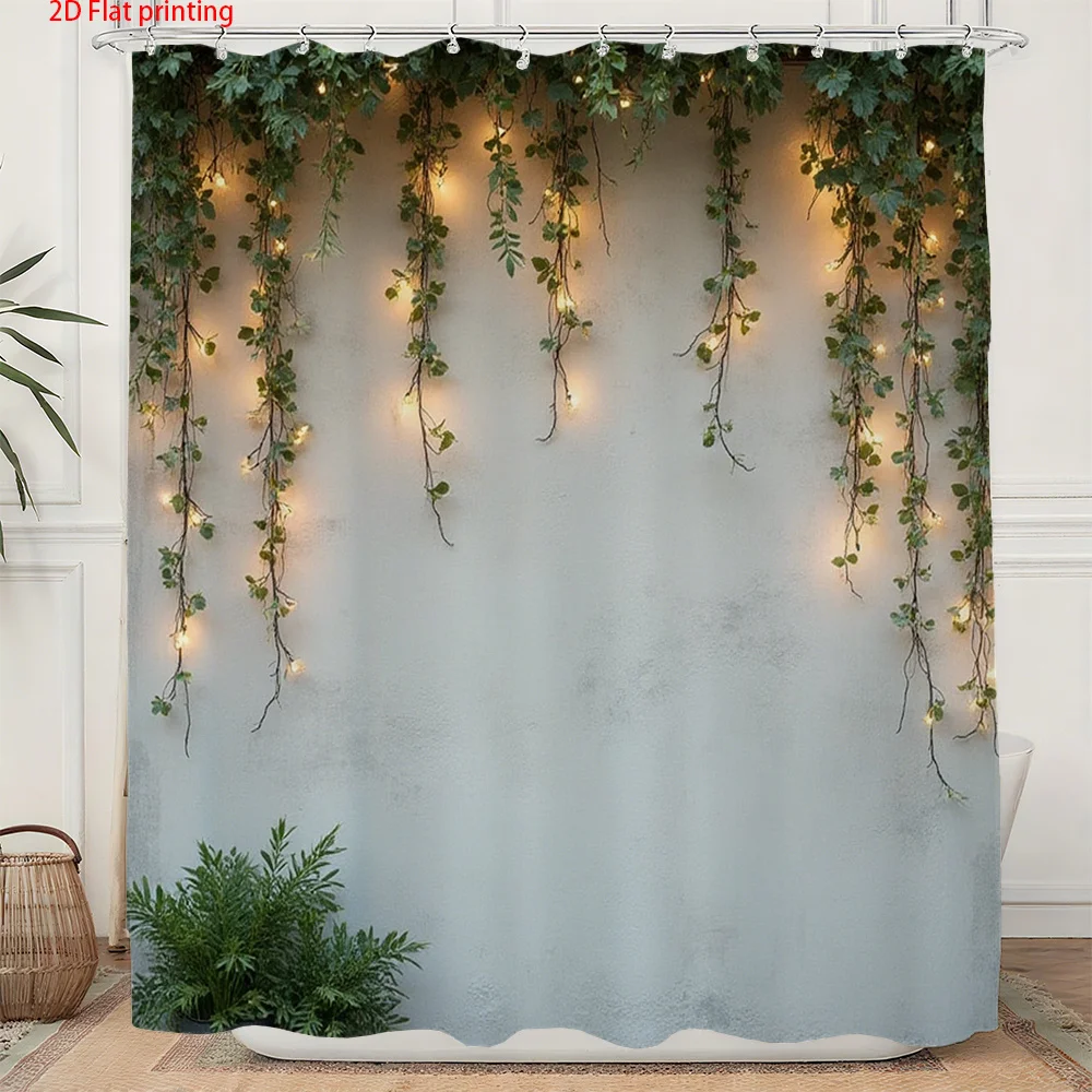 Green Vine Lights Shower Curtain String Lights Hanging Plants Nature Decor Waterproof Bath Fabric Modern Design