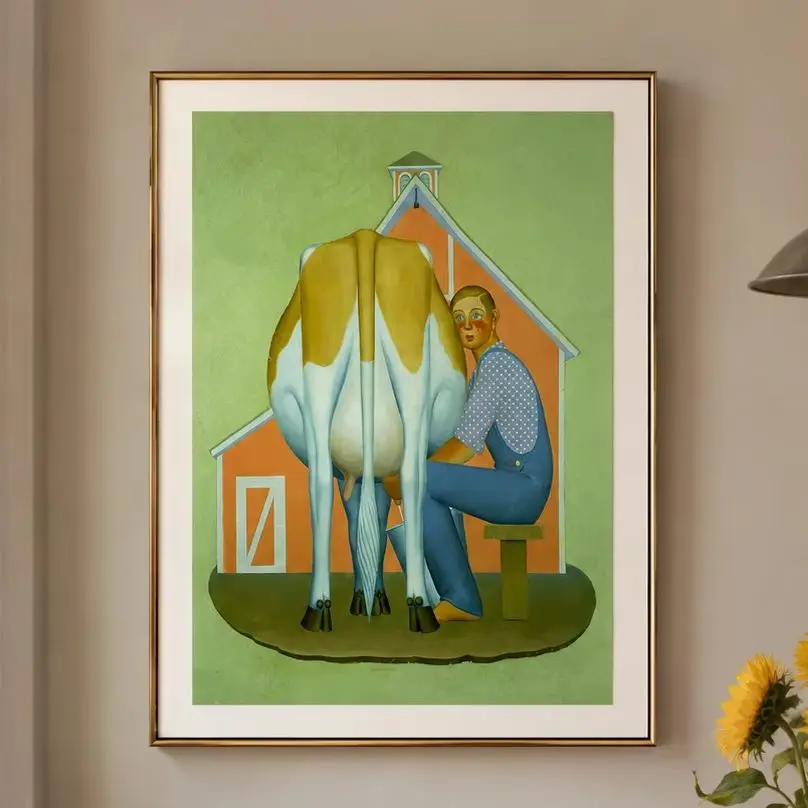 Milking Cow by Grant Wood Fine Art Print-Rural Life,Canvas Wall Print,High‑Grade Home Decoration Artwork for Bedroom,Living Room