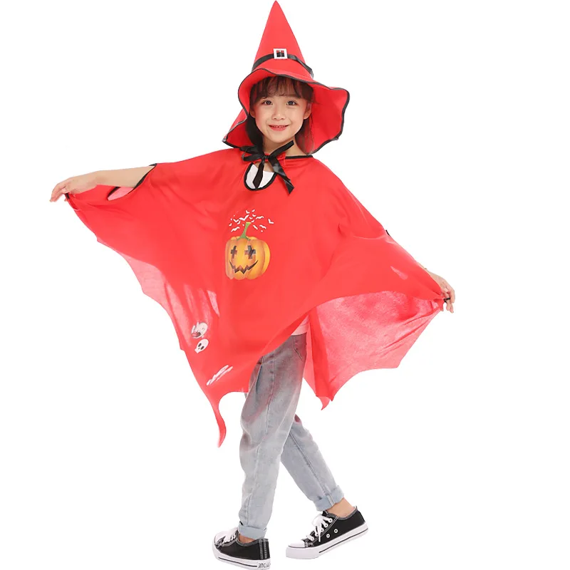 Halloween Children's Cloak Witch Cosplay Dress Up Costume Pumpkin Print Cape with Hat Sets for Kids Boys Girls Party Clothes