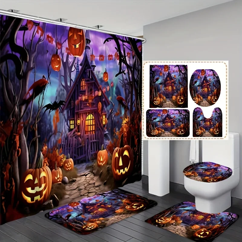 Halloween Haunted House Shower Curtain Set with Pumpkin Design - Machine Washable Polyester Fabric, Horror Theme Bathroom Decor