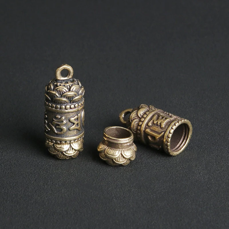 (.) Hollow Brass  Bottle Sutra Cylinder Pendant Keychain Handmade Vintage Pill Box Container Bottle Keychain Pill Case Bottle