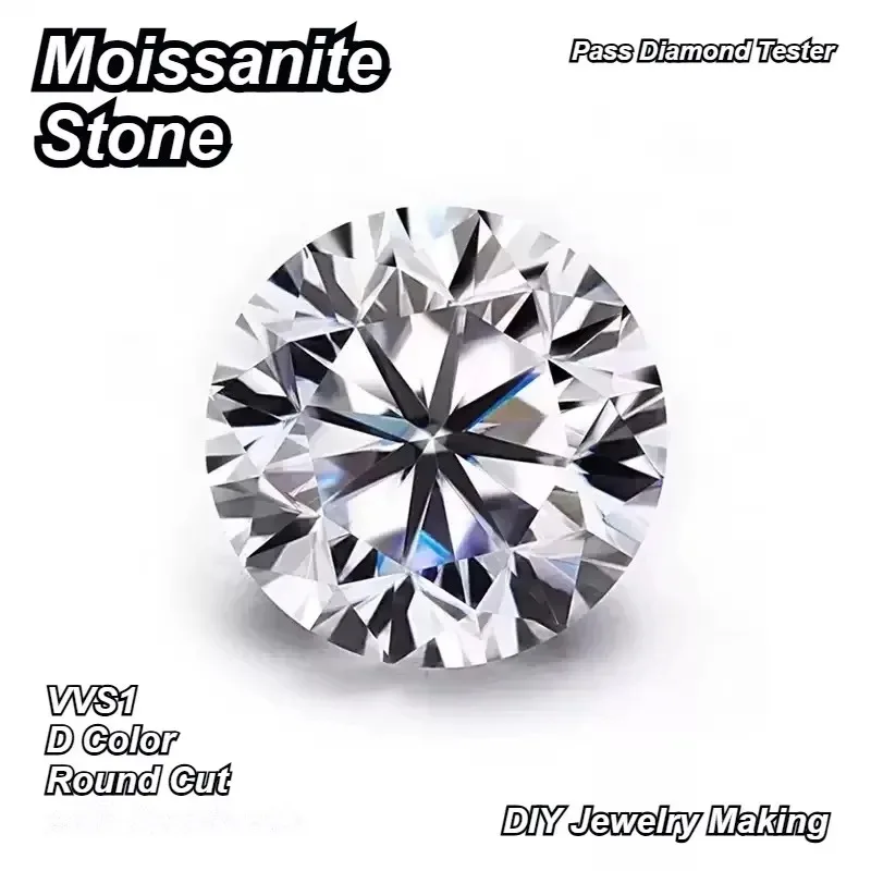 Moissanite Stone Round Cut D Color Loose  Gemstone VVS1 Pass Diamond Tester Gemstone for DIY Jewelry Making with Certificate