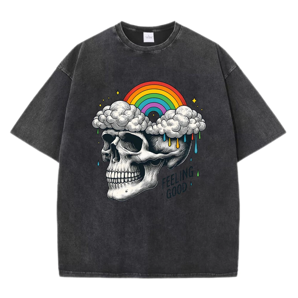 

Feeling Good The Skull Of Rainbow Brain Printed Мужская стираная футболка Хлопковые летние футболки Универсальный свободный топ Одежда в стиле хип-хоп