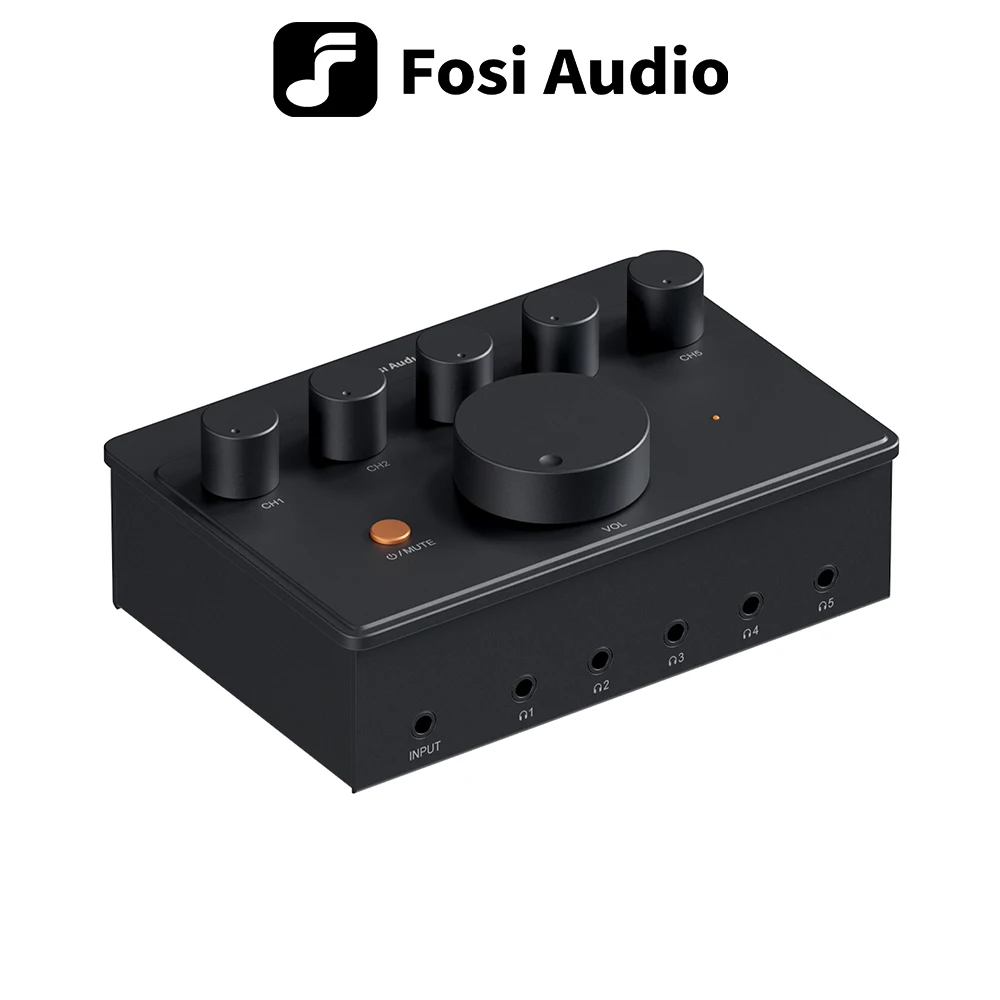 Fosi Audio PH05 5チャンネルヘッドフォンアンプ、オーディオインターフェース付きミニデスクトップアンプ、ポッドキャストモニター、16-300Ω対応、12V電源