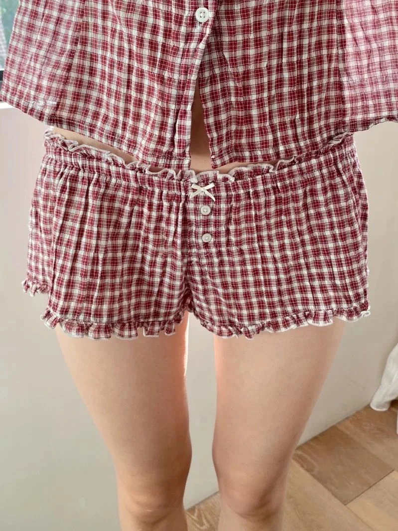 Red Plaid Ruffles Shorts Woman Summer Buttons Bow Elastic Low Waist Cotton Straight Pant Casual Sweet Preppy Style Short Pants