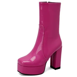 Women's Mid-calf Boots Platform Zipper Short Boot Black Pink Red White Heel Party Shoes Ladies Winter Footwear Shoes Large Size