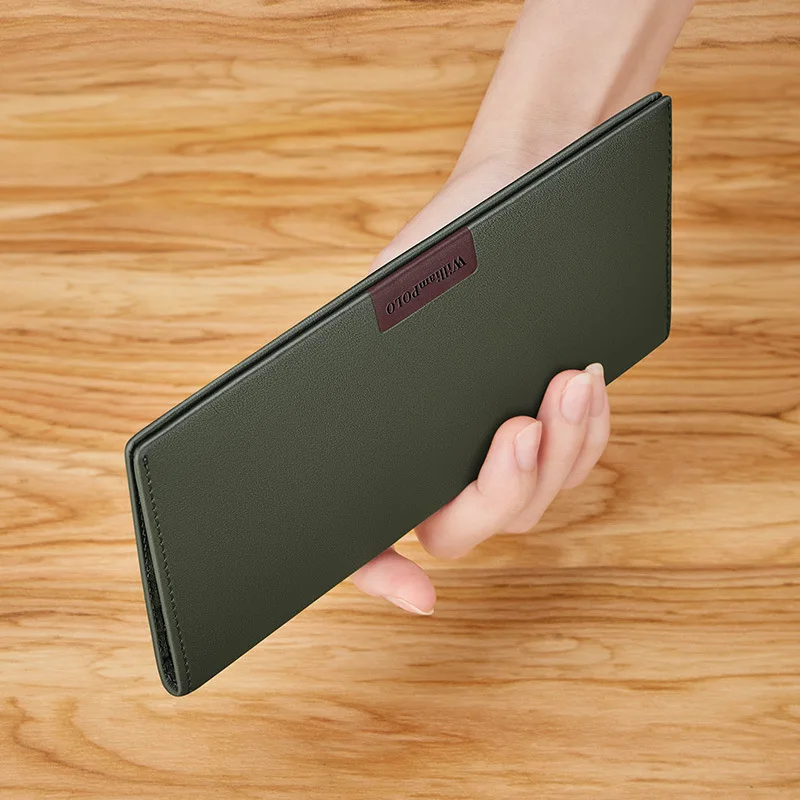 Slim & long leather wallet for men genuine cowhide minimalist design RFID blocking coin pocket multi-card holder