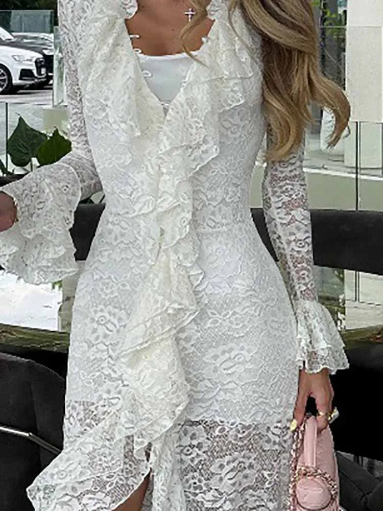 Sexy V-neck Flared Sleeve Bodycon Women Party Dress Casual Street High Waist Long Dress White Ruffled Lace Irregularity Dresses