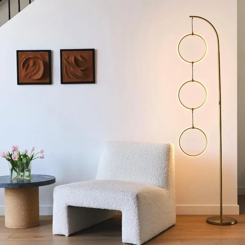 Nova Modern Floor Lamp -Contemporary Arc Tall Lamp with 3-Circle Ring-Style Pendant-Over the Couch Standing Lamp on Arching Pole