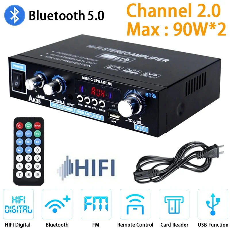 

AK35 звуковые усилители, Bluetooth цифровой усилитель для дома, автомобиля, караоке, 2-канальный HiFi стерео AMP FM USB пульт дистанционного управления