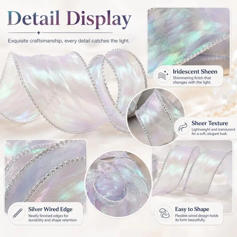 40mm 10 Yards Fischschwanz-Organza-Satinband Reflektierendes Schillerndes Wellenrandband für Geschenkverpackung DIY Schleifen Bastelarbeiten Geschenkverpackung – Detail 5