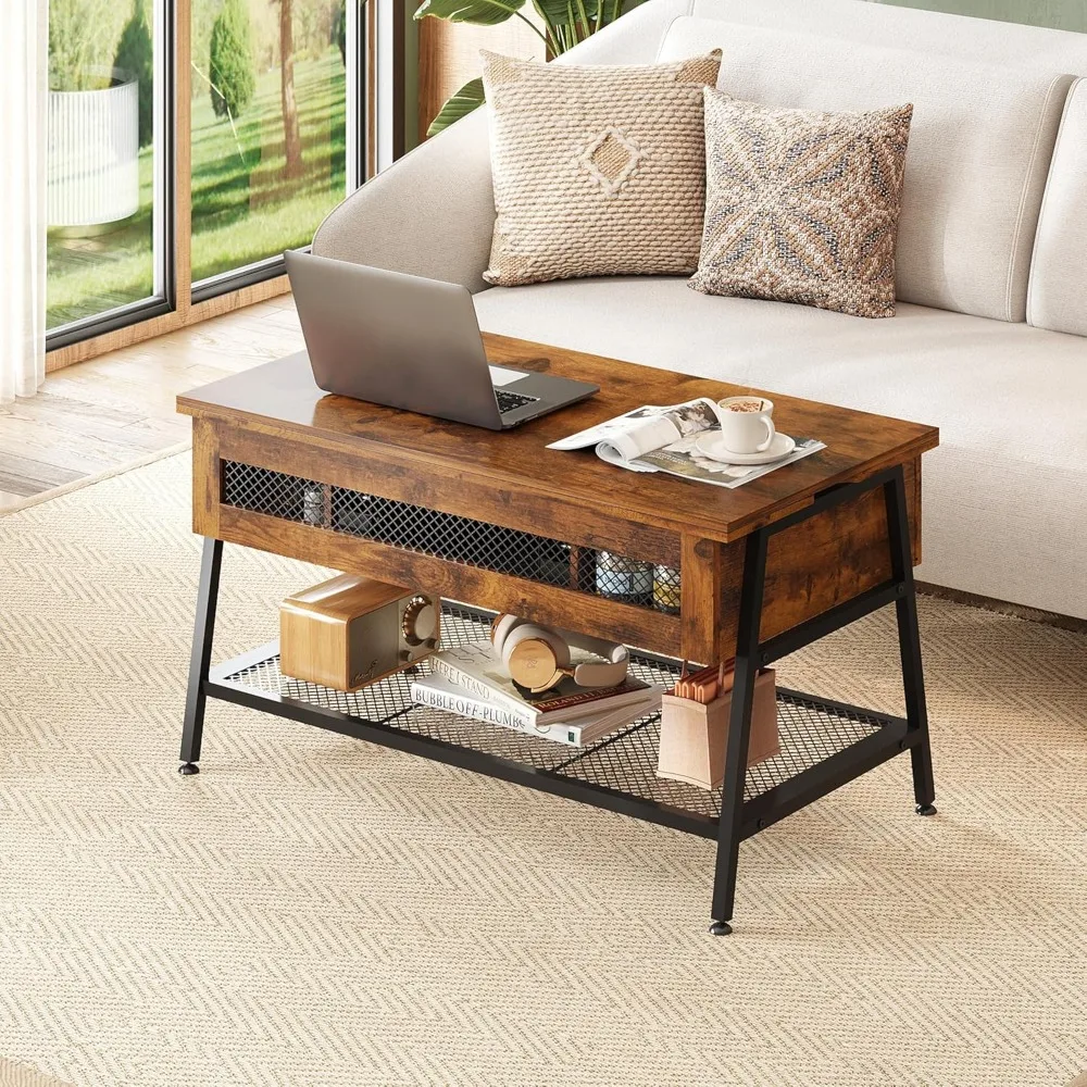 Rustic Brown3-in-1Lift Top Coffee Table,โต๊ะกาแฟมัลติฟังก์ชั่นแปลงเป็นโต๊ะรับประทานอาหารสําหรับห้องนั่งเล่น,ห้องรับประทานอาหาร