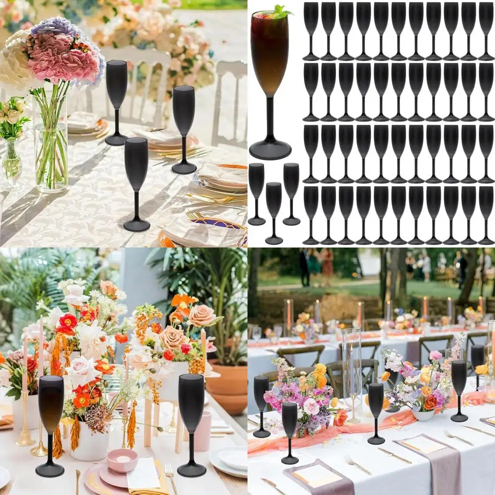 

Set of 48 Clear Black Plastic Champagne Flutes, 5.4OZ Stemmed Glasses for Weddings, Parties, and Celebrations