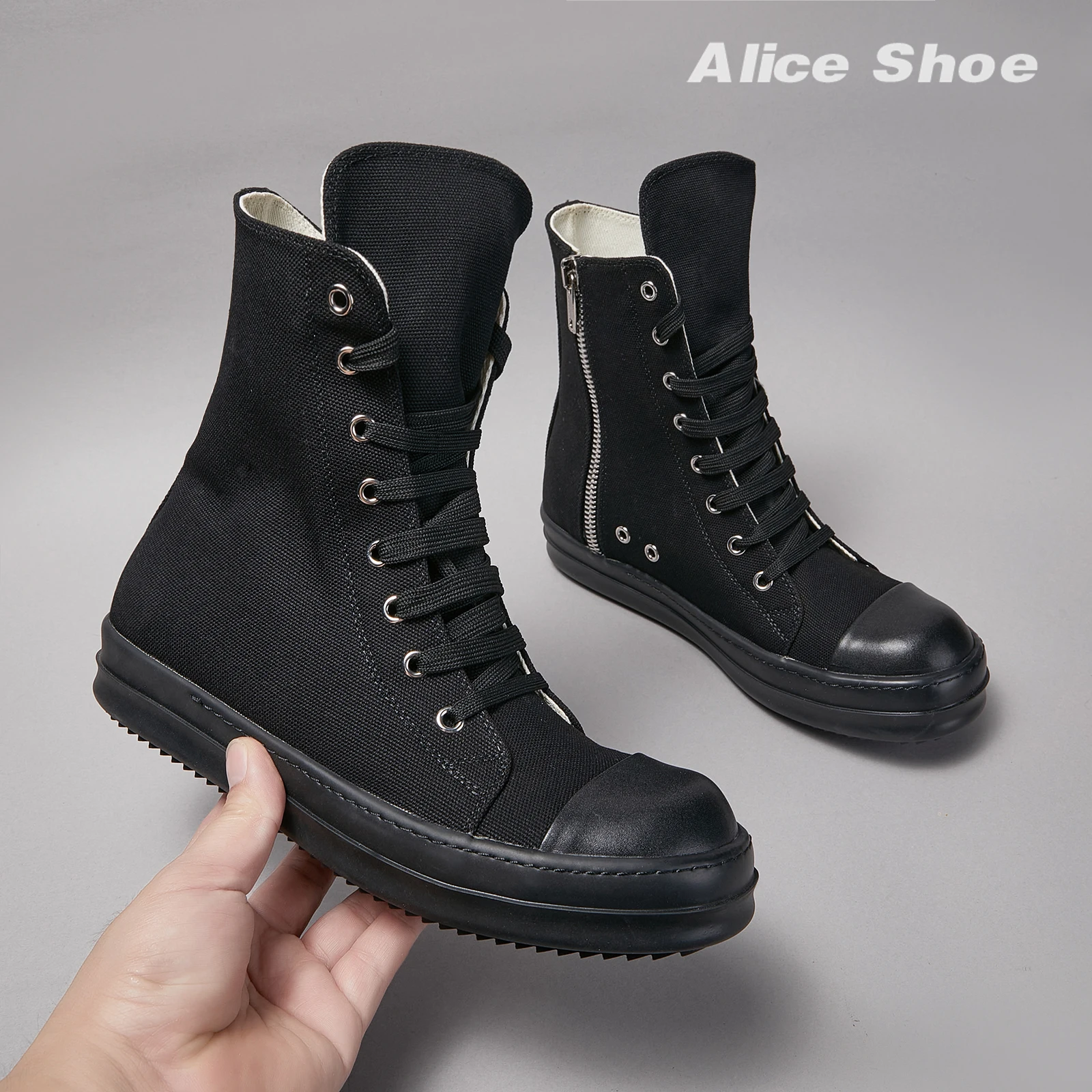 Brand Men Shoe Casual High Top Women Sneaker Quality ow-en Black Ankle Boot Designer Leather srick Zipper Luxury Laces Flat Shoe