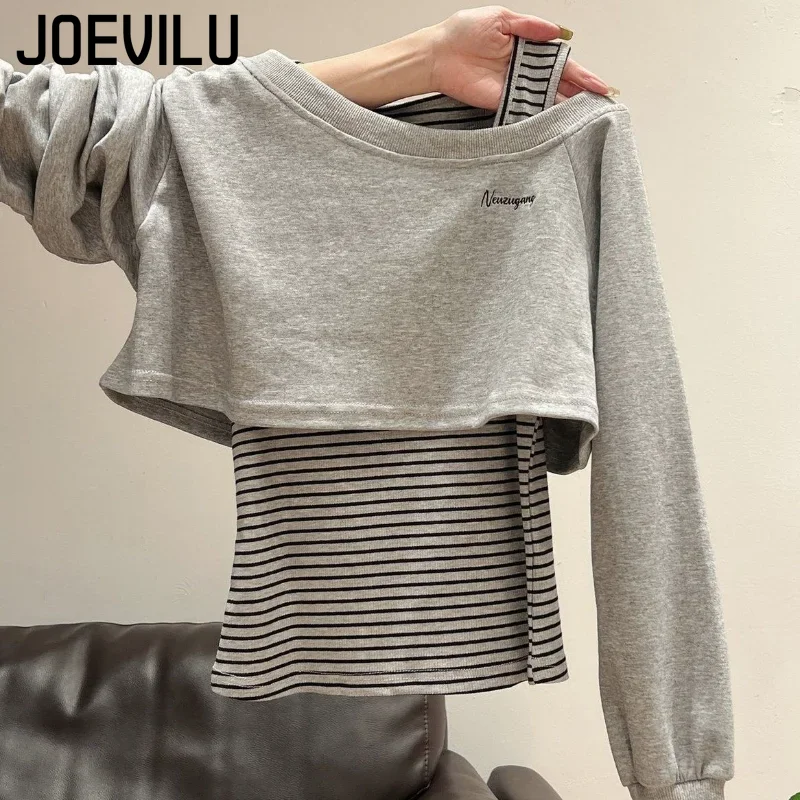 Women's Off Shoulder Pullover Sweatshirt Striped Vest 2 Piece Set Fall Grey Casual Layered Outfit Tops Casual Pullover Clothes