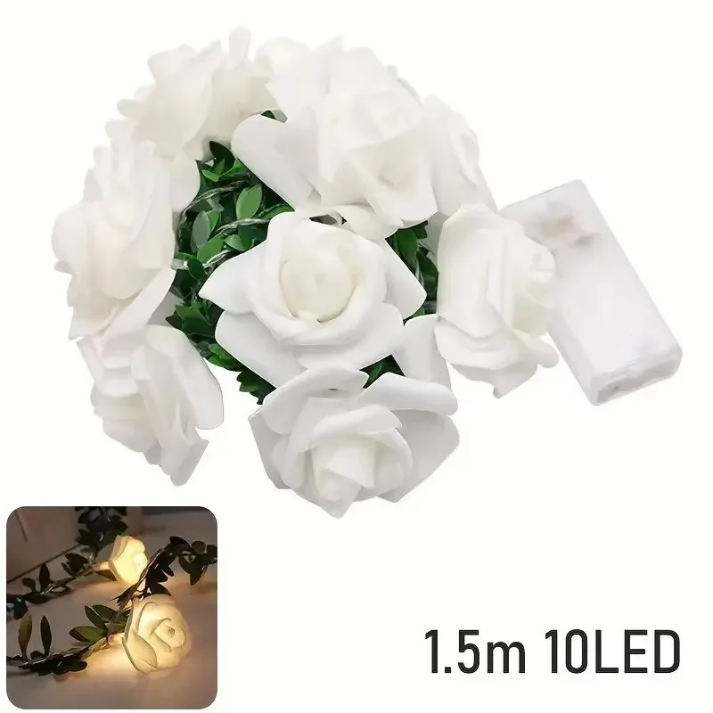 LED White Rose String Lights Battery Powered Night Light Warm Green Vine Garland for Wedding Party Wreath Bedroom Decoration