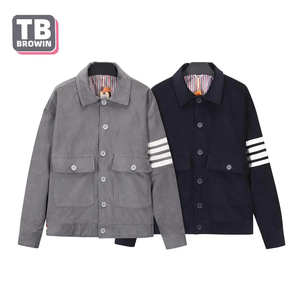 

men's jacket Corduroy TB new four-bar striped Coat Muti Pockets autumn Thom casual lapel tooling tie