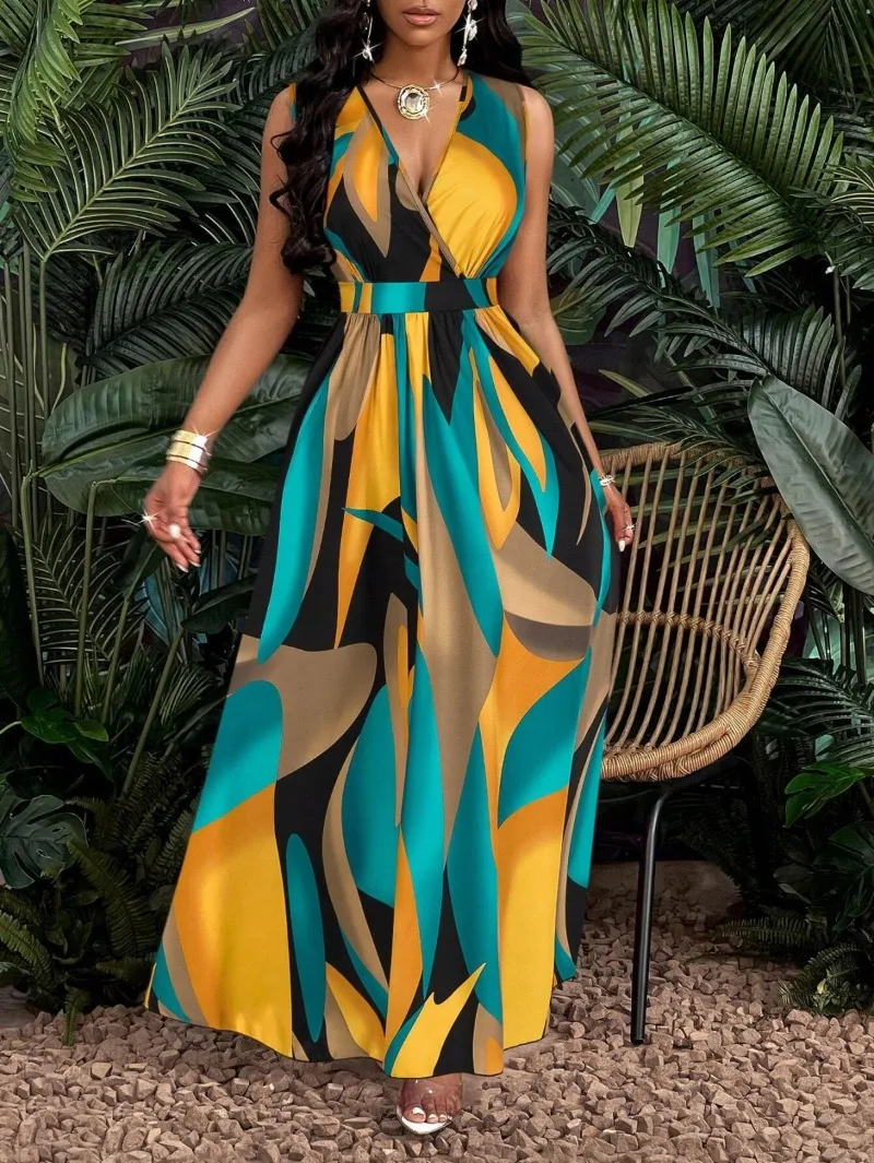 Summer Vintage Color Sleeveless V-neck Dresses for Women High Waist Elegant Bohemia Holiday Sundress 2026 High Street Maxi Dress